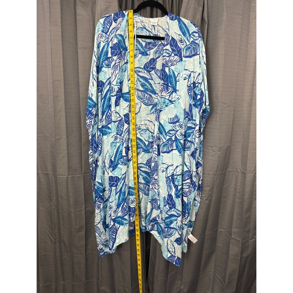 Sigrid Olsen‎ Linen Blend Open Front Long Cardigan Womens OS Blue Floral Beachy